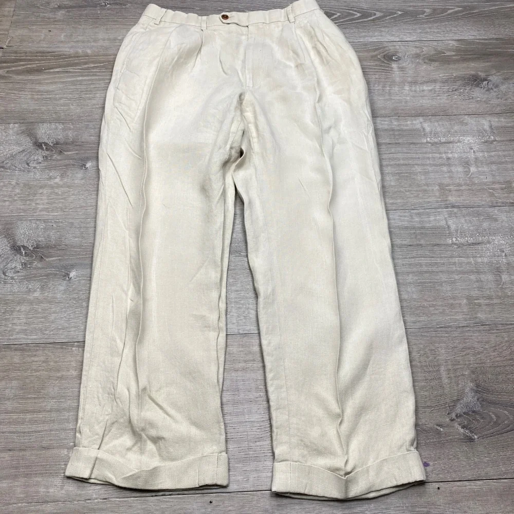 Brooks Brothers Irish Linen Pants Mens 34 Beige Pleated Cuffed Summer Dress